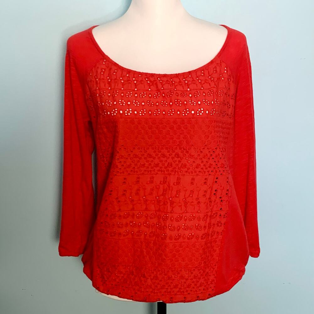 Lucky Brand Coral Red Eyelet 3/4 Sleeve Top Size Medium